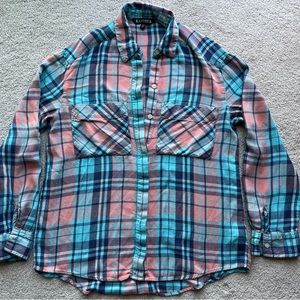 Express plaid button pocketed coral aqua pink blue shirt top XS loose fit soft